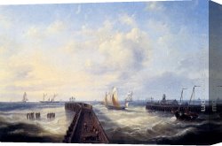 Fishing Boats at Dusk Canvas Paintings - Fishing Boats Off A Jetty At Ostend by Louis Verboeckhoven