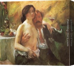 Glass Canvas Paintings - Self portrait with his Wife and a Glass of Champagne by Lovis Corinth