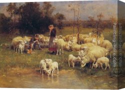 A Shepherd And His Dog Guarding a Flock of Sheep Canvas Paintings - Guarding the Flock by Luigi Chialiva