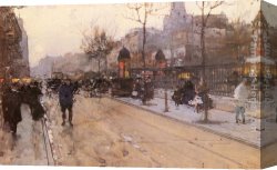 A Street Scene in Bern Canvas Paintings - A Parisian Street Scene with Sacre Coeur in the distance by Luigi Loir