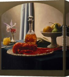 Luis Canvas Paintings - Still Life with Bourbon and Lobster by Luis Jose Estremadoyro