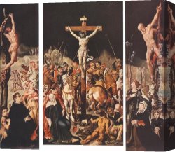 Triptych Canvas Paintings - Crucifixion (Triptych) by Maerten van Heemskerck