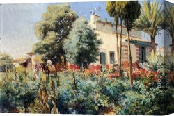 Rodriguez Canvas Paintings - A Mediterranean Village by Manuel Garcia y Rodriguez