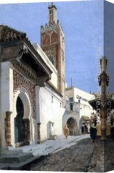 Rodriguez Canvas Paintings - A Street Scene with a Mosque, Tangier by Manuel Garcia y Rodriguez