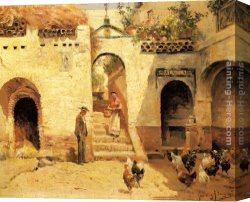 Feeding The Pigeons Canvas Paintings - Feeding Poultry in a Courtyard by Manuel Garcia y Rodriguez