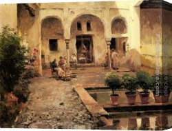 Spanish Town Canvas Paintings - Figures in a Spanish Courtyard by Manuel Garcia y Rodriguez