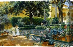 Rodriguez Canvas Paintings - Gardens of the Alcazar Seville by Manuel Garcia y Rodriguez