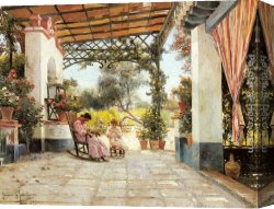 The Daughters of Judah in Babylon Canvas Paintings - Mother and Daughter Sewing on a Patio by Manuel Garcia y Rodriguez