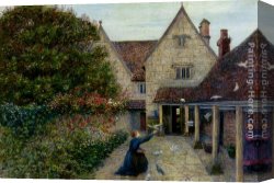 Feeding The Pigeons Canvas Paintings - Feeding The Doves At Kelmscott Manor, Oxfordshire by Maria Spartali Stillman