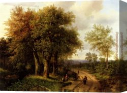 Cattle And Sheep Resting Canvas Paintings - Travellers Resting On A Wooded Path by Marianus Adrianus Koekkoek