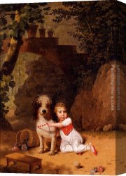 Doges Canvas Paintings - Portrait Of A Little Boy Placing A Coral Necklace On A Dog, Both Seated In A Parkland Setting by Martin Drolling