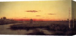 Hunters Canvas Paintings - Duck Hunters in a Twilight Marsh by Martin Johnson Heade