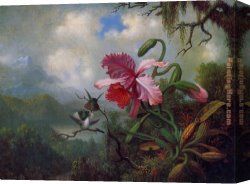 Martin Johnson Heade Canvas Paintings - Orchid and Hummingbirds near a Mountain Lake by Martin Johnson Heade
