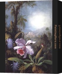Passion Canvas Paintings - Orchids Passion Flowers and Hummingbird by Martin Johnson Heade