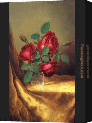Goblet Canvas Paintings - Red Roses in a Crystal Goblet by Martin Johnson Heade