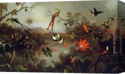 Landscape with a Lake Canvas Paintings - Tropical Landscape with Ten Hummingbirds by Martin Johnson Heade