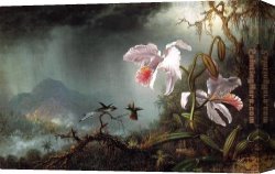 The Fighting Temeraire Tugged to Her Last Berth to Be Broken Up Canvas Paintings - Two Fighting Hummingbirds with Two Orchids by Martin Johnson Heade