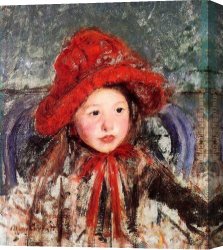 Girl with a Red Hat Canvas Paintings - Little Girl In A Large Red Hat by Mary Cassatt