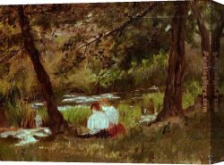Cassatt Canvas Paintings - Two Women Seated By A Woodland Stream by Mary Cassatt