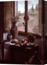 Peasant Interior Canvas Paintings - Still Life with a View ( Interior with Landscape through a Window) by Maureen Hyde