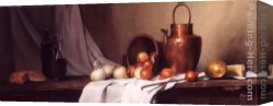 Bread Canvas Paintings - Still Life with Bread, Onions and Brass Water Jug by Maureen Hyde