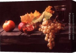 Still Life with Grapes, a Peach, Plums And a Pear on a Table with a Wine Glass And a Flask Canvas Paintings - Still Life with Grapes and Pomegranates by Maureen Hyde