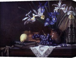 Still Life with Grapes, a Peach, Plums And a Pear on a Table with a Wine Glass And a Flask Canvas Paintings - Still Life with Irises and Grapes by Maureen Hyde