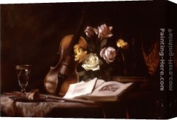 Violin And Glass Canvas Paintings - Still Life with Violin and Roses by Maureen Hyde