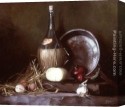 Still Life with Grapes, a Peach, Plums And a Pear on a Table with a Wine Glass And a Flask Canvas Paintings - Still Life with Wine Flask, Eggs and Cheese by Maureen Hyde