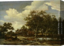 Meindert Canvas Paintings - A wooded landscape with a figure crossing a bridge over a stream by Meindert Hobbema