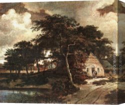 Meindert Canvas Paintings - Landscape with a Hut by Meindert Hobbema