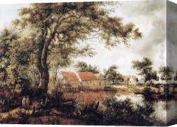 Water-mill Canvas Paintings - Wooded Landscape with Water Mill by Meindert Hobbema