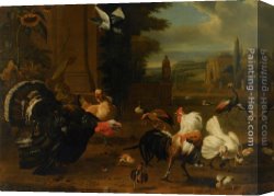 Exotic Canvas Paintings - A Palace Garden with Exotic Birds and Farmyard Fowl by Melchior de Hondecoeter