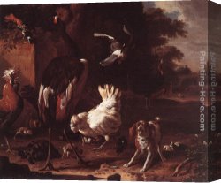 A Spaniel And a Pug Canvas Paintings - Birds and a Spaniel in a Garden by Melchior de Hondecoeter