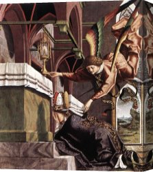 St Wolfgang Altarpiece Resurrection of Lazar Canvas Paintings - Altarpiece of the Church Fathers Vision of St Sigisbert by Michael Pacher