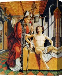 Prisoners Canvas Paintings - St. Augustine Freeing A Prisoner (outer panel of the Altar of the Four Latin Fathers) by Michael Pacher
