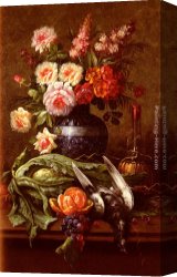 Orange Canvas Paintings - Nature Morte Aux Fleurs Et A L'Orange by Modeste Carlier