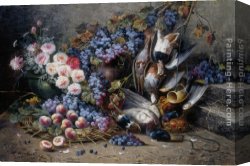 Apples Peaches Pears And Grapes Canvas Paintings - Roses Peaches Grapes and Game by Modeste Carlier