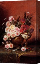 The Stirrup Cup Canvas Paintings - Still Life Of Roses And A Nautilus Cup On A Draped Table by Modeste Carlier