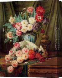 Table Canvas Paintings - Still Life Of Roses And Other Flowers On A Draped Table by Modeste Carlier
