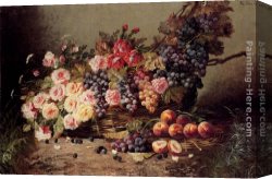 Still Life with Grapes, a Peach, Plums And a Pear on a Table with a Wine Glass And a Flask Canvas Paintings - Still Life Of Roses, Peaches And Grapes In A Basket by Modeste Carlier