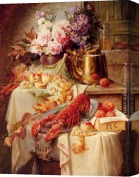 Still Life with Flowers And Fruit Canvas Paintings - Still Life With A Lobster And Assorted Fruit And Flowers by Modeste Carlier
