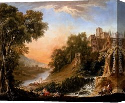 Resting Canvas Paintings - Figures Resting On The Banks Of A River, A Waterfall In The Foreground by Nicolas-Jacques Juliard