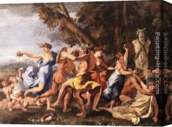 Statue Canvas Paintings - Bacchanal before a Statue of Pan by Nicolas Poussin