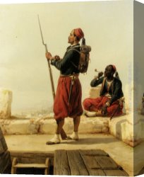 Egyptian Canvas Paintings - A Nubian and an Egyptian Guard in a Lookout Tower by Niels Simonsen