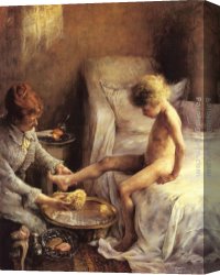 Peasant Hanging Out The Washing Canvas Paintings - Reine Goeneutte Washing The Young Jean Guerard In The Artist's Studio by Norbert Goeneutte