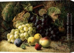 Still Life with Grapes, a Peach, Plums And a Pear on a Table with a Wine Glass And a Flask Canvas Paintings - Grapes, Apples, A Plum, A Peach And A Strawberry, On A Mossy Bank by Oliver Clare