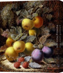 Plums Canvas Paintings - Still Life with Apples, Plums and Raspberries on a Mossy Bank by Oliver Clare