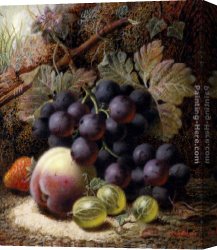 Pears And Grapes on a Table Canvas Paintings - Still Life with Black Grapes, a Strawberry, a Peach and Gooseberries on a Mossy Bank by Oliver Clare