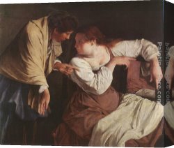 Woman with a Mirror Canvas Paintings - Two Women with a Mirror by Orazio Gentleschi